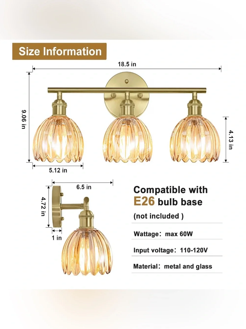 Vintsge Gold 3-Light Bathroom Vanity Sconce with Amber Glass Shades